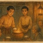 Twin brothers sharing rice from a magic pot in a Burmese village folktale scene.
