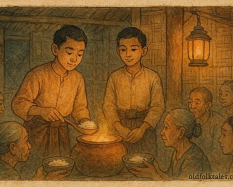 Twin brothers sharing rice from a magic pot in a Burmese village folktale scene.