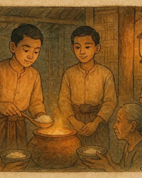 Twin brothers sharing rice from a magic pot in a Burmese village folktale scene.