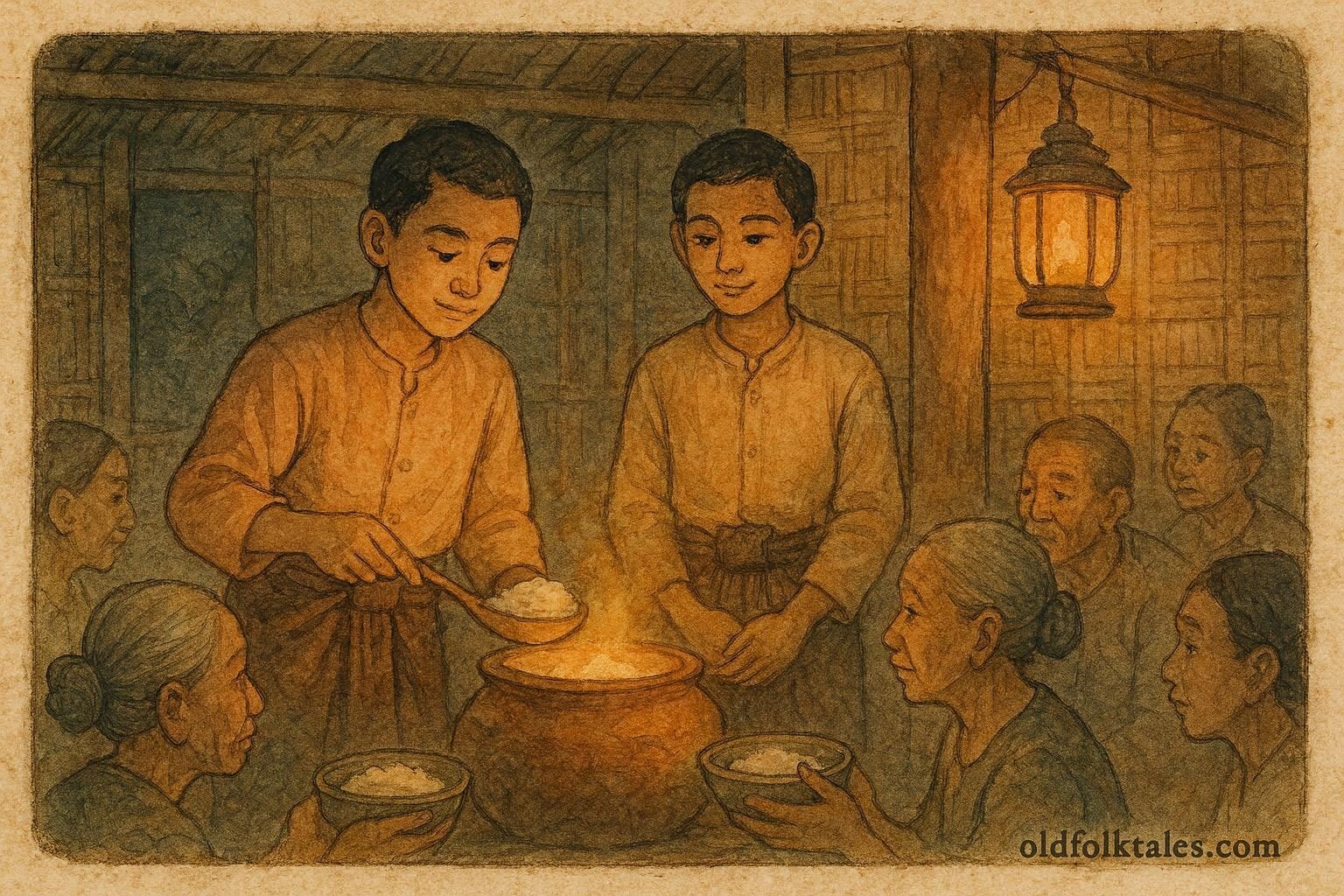 Twin brothers sharing rice from a magic pot in a Burmese village folktale scene.