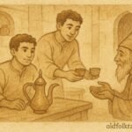 Parchment-style artwork of two brothers serving coffee in Manama souq, Bahraini folktale.