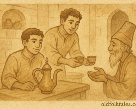 Parchment-style artwork of two brothers serving coffee in Manama souq, Bahraini folktale.