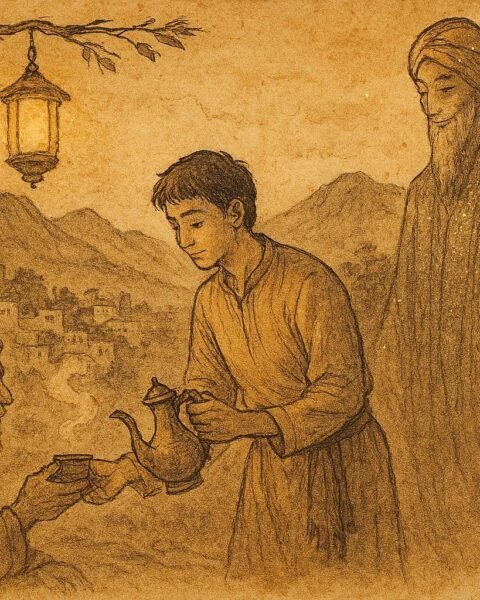Parchment-style illustration of Khalid serving coffee, Hijaz folktale scene