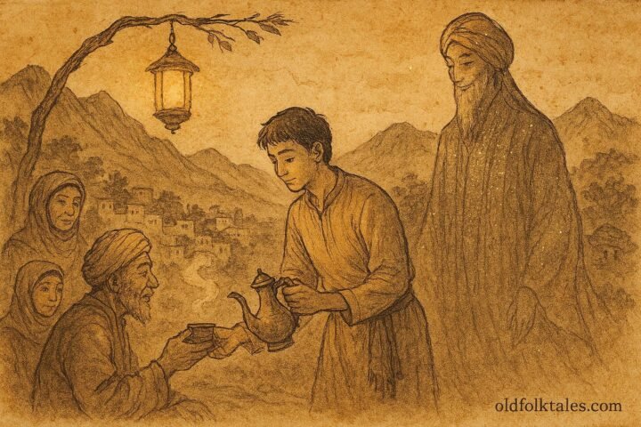 Parchment-style illustration of Khalid serving coffee, Hijaz folktale scene