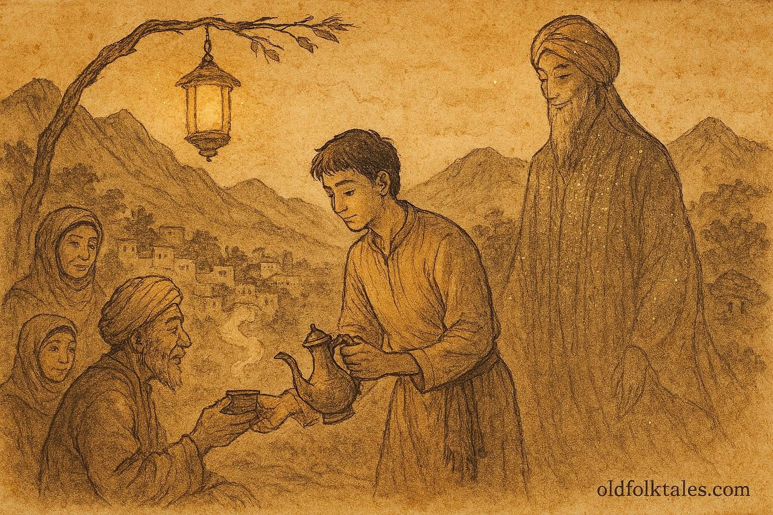Parchment-style illustration of Khalid serving coffee, Hijaz folktale scene