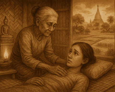 Sepia-toned illustration of a humble Burmese village home beside rice paddies, showing an elderly mother gently tending her ill daughter on a woven mat. The mother’s weathered hands offer care and forgiveness, while the daughter looks on with remorse. A small altar, oil lamp, and distant pagoda frame the scene, symbolizing filial piety, repentance, and unconditional parental love.
