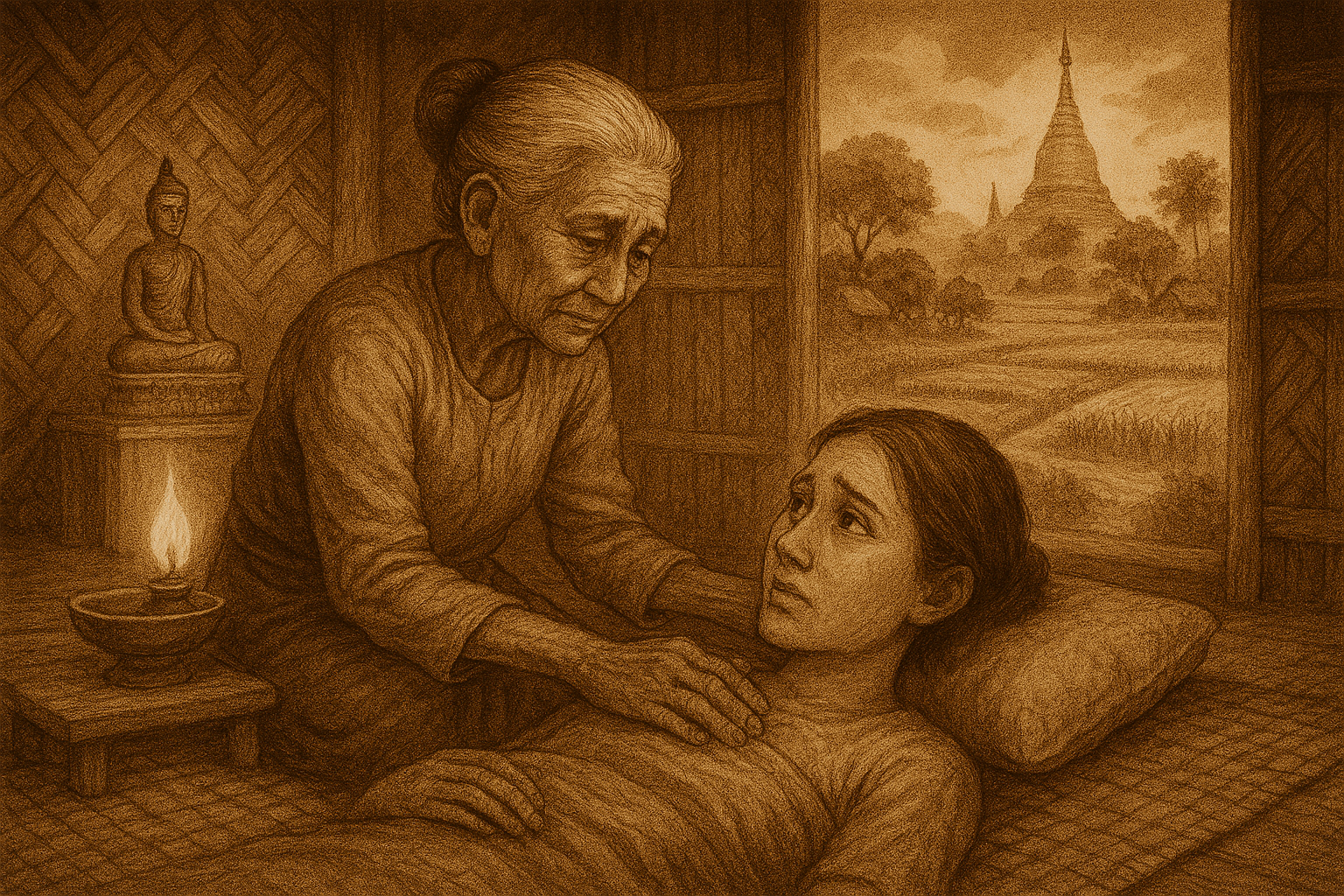 Sepia-toned illustration of a humble Burmese village home beside rice paddies, showing an elderly mother gently tending her ill daughter on a woven mat. The mother’s weathered hands offer care and forgiveness, while the daughter looks on with remorse. A small altar, oil lamp, and distant pagoda frame the scene, symbolizing filial piety, repentance, and unconditional parental love.