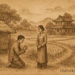 Sepia-toned illustration on aged rice parchment showing Chau San kneeling before his faithful wife in a Vietnamese village. She stands calmly in a faded áo dài, gently helping him to his feet. Behind them, a crumbling house and rice paddies stretch toward distant hills. “OldFolktales.com” is inscribed at the bottom right.