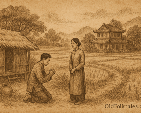 Sepia-toned illustration on aged rice parchment showing Chau San kneeling before his faithful wife in a Vietnamese village. She stands calmly in a faded áo dài, gently helping him to his feet. Behind them, a crumbling house and rice paddies stretch toward distant hills. “OldFolktales.com” is inscribed at the bottom right.