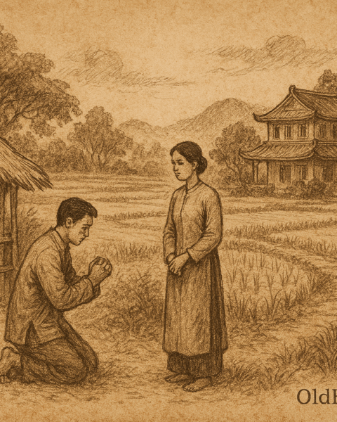 Sepia-toned illustration on aged rice parchment showing Chau San kneeling before his faithful wife in a Vietnamese village. She stands calmly in a faded áo dài, gently helping him to his feet. Behind them, a crumbling house and rice paddies stretch toward distant hills. “OldFolktales.com” is inscribed at the bottom right.