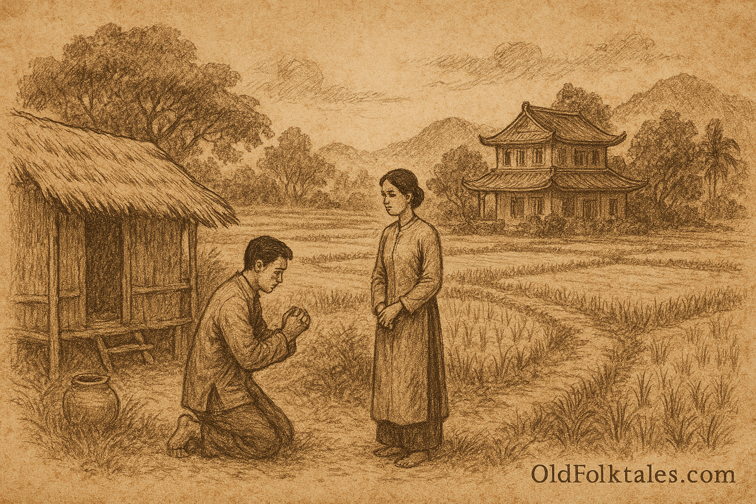 Sepia-toned illustration on aged rice parchment showing Chau San kneeling before his faithful wife in a Vietnamese village. She stands calmly in a faded áo dài, gently helping him to his feet. Behind them, a crumbling house and rice paddies stretch toward distant hills. “OldFolktales.com” is inscribed at the bottom right.