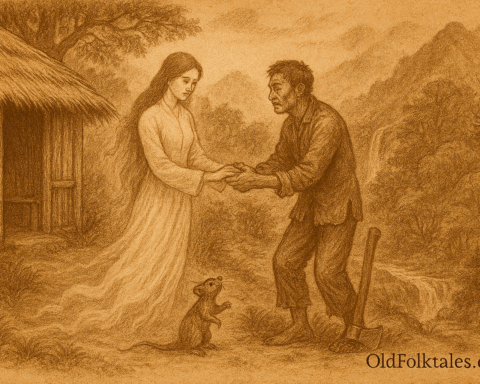 Sepia-toned illustration on aged rice parchment showing Minh, a sorrowful woodcutter, grasping the hands of his fading spirit wife outside a bamboo hut in the misty mountains of Vietnam. She wears a flowing white áo dài and glows ethereally as she begins to vanish. A small mouse watches nearby. “OldFolktales.com” is inscribed at the bottom right.