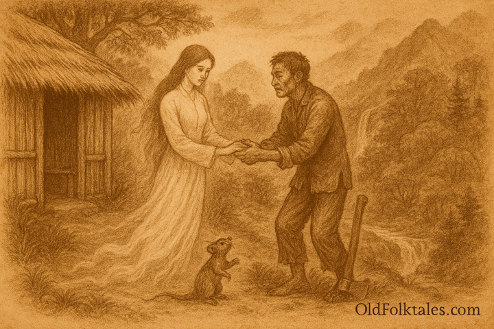Sepia-toned illustration on aged rice parchment showing Minh, a sorrowful woodcutter, grasping the hands of his fading spirit wife outside a bamboo hut in the misty mountains of Vietnam. She wears a flowing white áo dài and glows ethereally as she begins to vanish. A small mouse watches nearby. “OldFolktales.com” is inscribed at the bottom right.