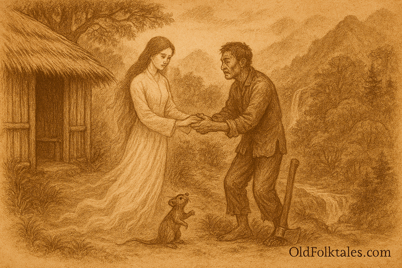 Sepia-toned illustration on aged rice parchment showing Minh, a sorrowful woodcutter, grasping the hands of his fading spirit wife outside a bamboo hut in the misty mountains of Vietnam. She wears a flowing white áo dài and glows ethereally as she begins to vanish. A small mouse watches nearby. “OldFolktales.com” is inscribed at the bottom right.