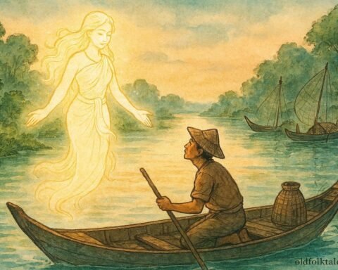Water spirit of Tonle Sap guiding fisherman, Cambodian folklore scene in traditional style.