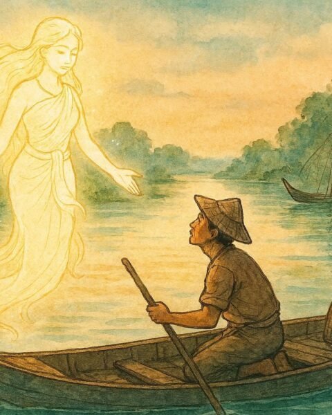 Water spirit of Tonle Sap guiding fisherman, Cambodian folklore scene in traditional style.