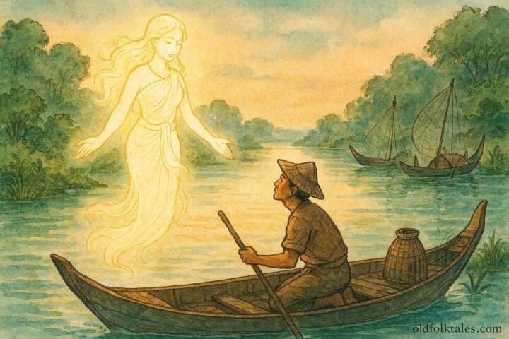 Water spirit of Tonle Sap guiding fisherman, Cambodian folklore scene in traditional style.