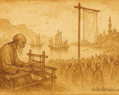 Parchment style artwork of a blank flag at Aden harbor, Yemeni folktale scene.