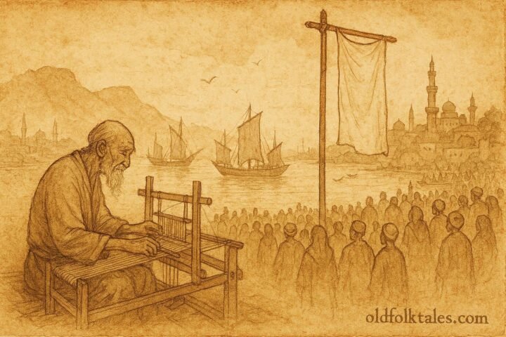 Parchment style artwork of a blank flag at Aden harbor, Yemeni folktale scene.