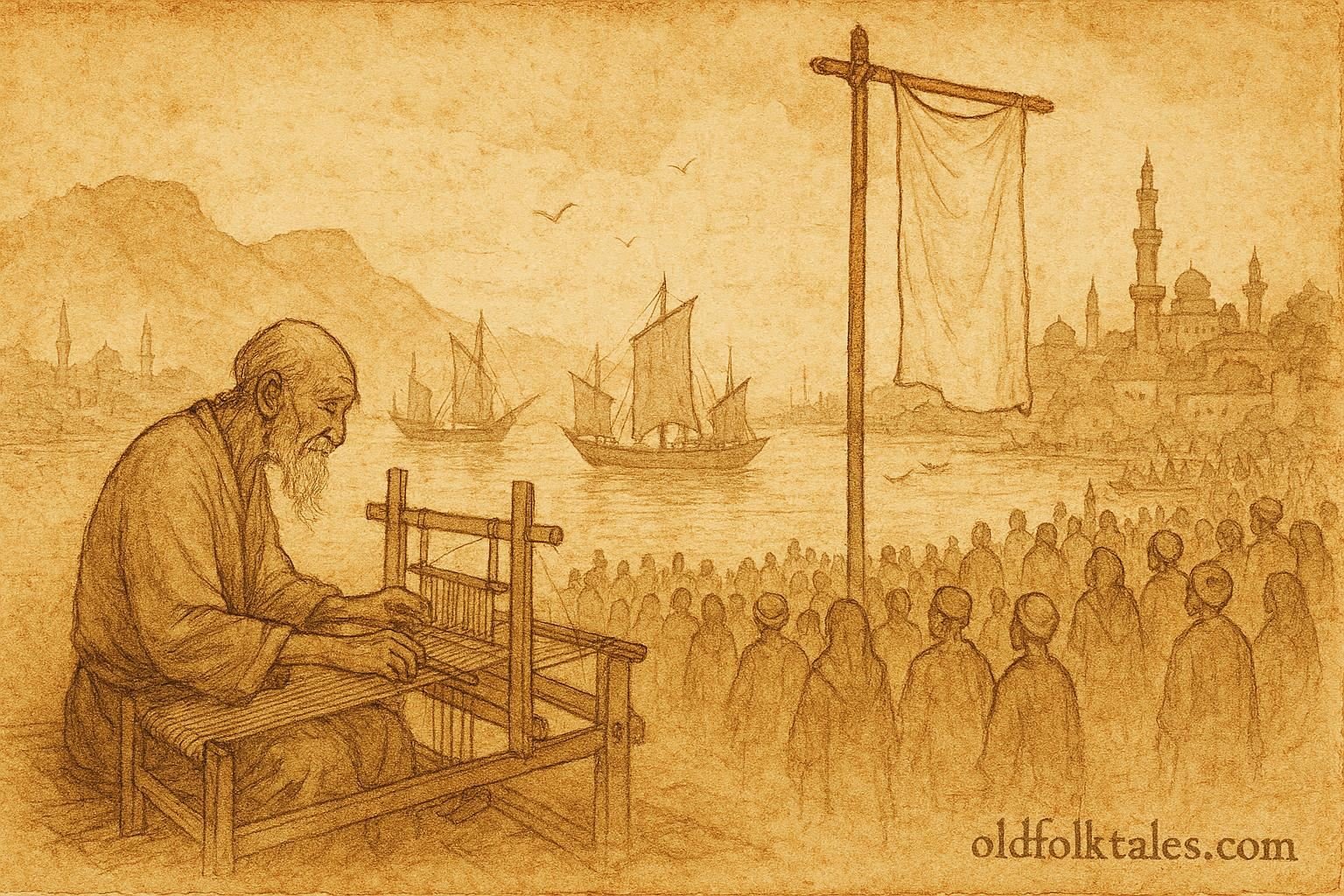 Parchment style artwork of a blank flag at Aden harbor, Yemeni folktale scene.