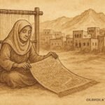 Parchment-style illustration of blind weaver Zaynab crafting her map rug in Al Hamra, traditional Omani folktale scene.