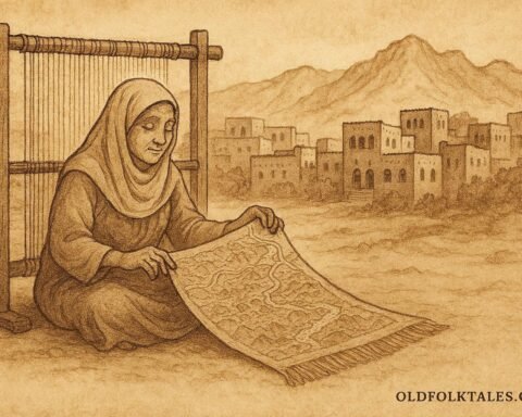 Parchment-style illustration of blind weaver Zaynab crafting her map rug in Al Hamra, traditional Omani folktale scene.