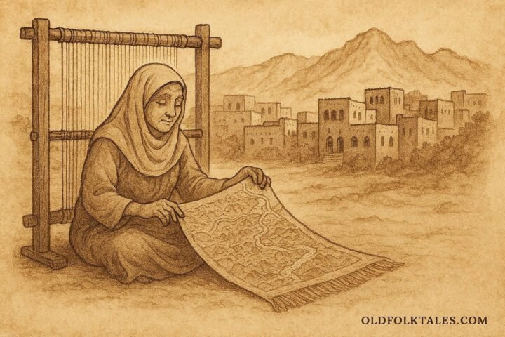 Parchment-style illustration of blind weaver Zaynab crafting her map rug in Al Hamra, traditional Omani folktale scene.