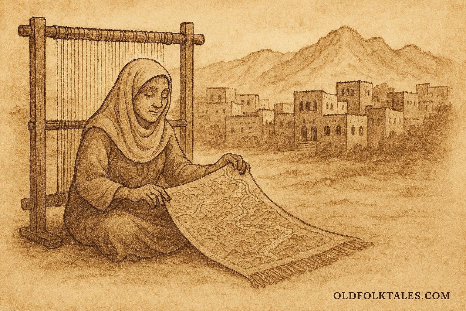 Parchment-style illustration of blind weaver Zaynab crafting her map rug in Al Hamra, traditional Omani folktale scene.