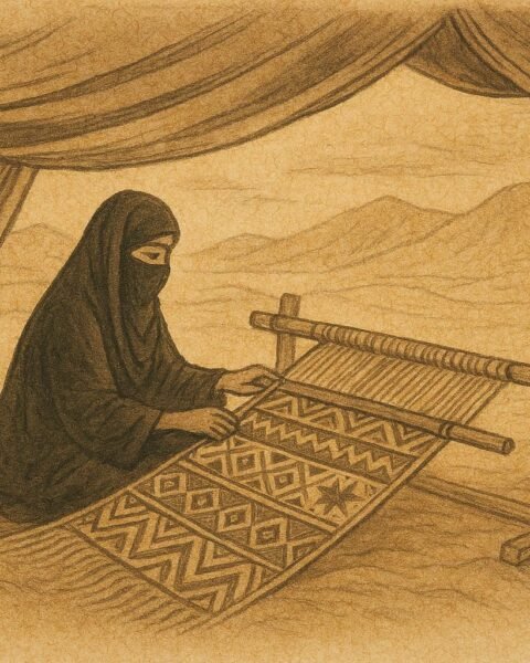 Parchment-style illustration of an Emirati woman weaving Al Sadu inside a desert tent.