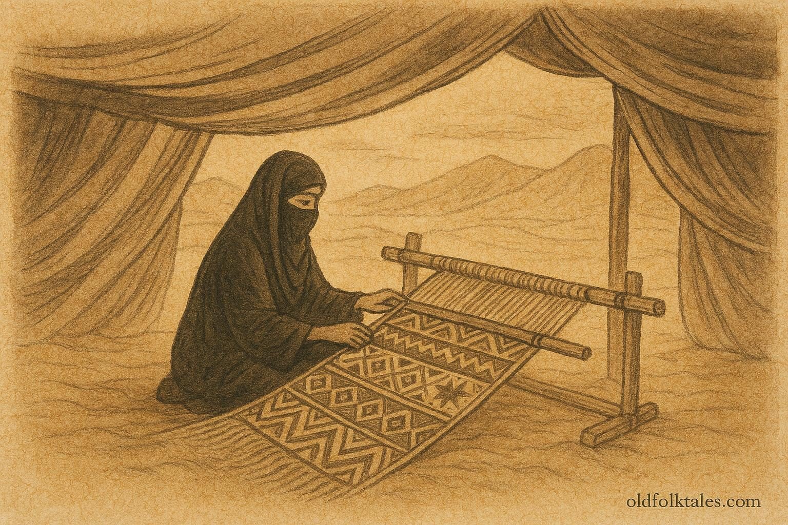 Parchment-style illustration of an Emirati woman weaving Al Sadu inside a desert tent.