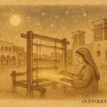 Parchment-style artwork of Fatima weaving moonlit threads, Bahraini folktale scene.