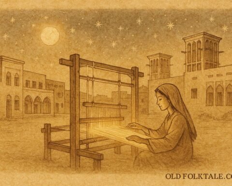 Parchment-style artwork of Fatima weaving moonlit threads, Bahraini folktale scene.