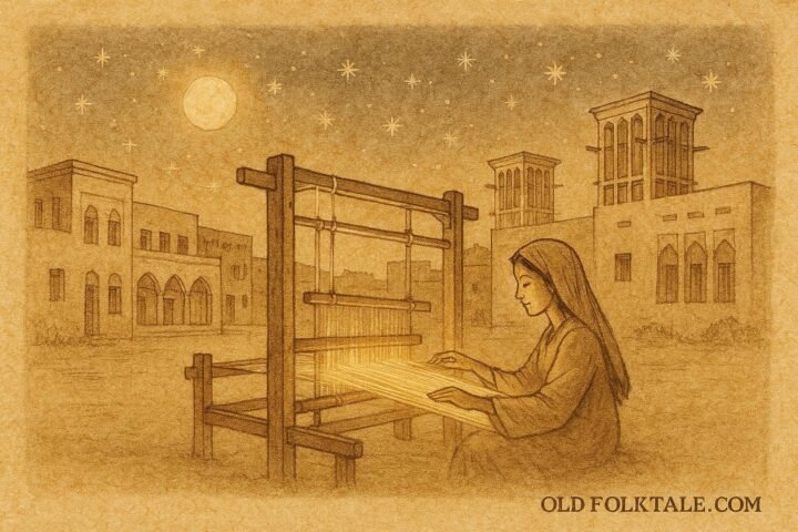 Parchment-style artwork of Fatima weaving moonlit threads, Bahraini folktale scene.