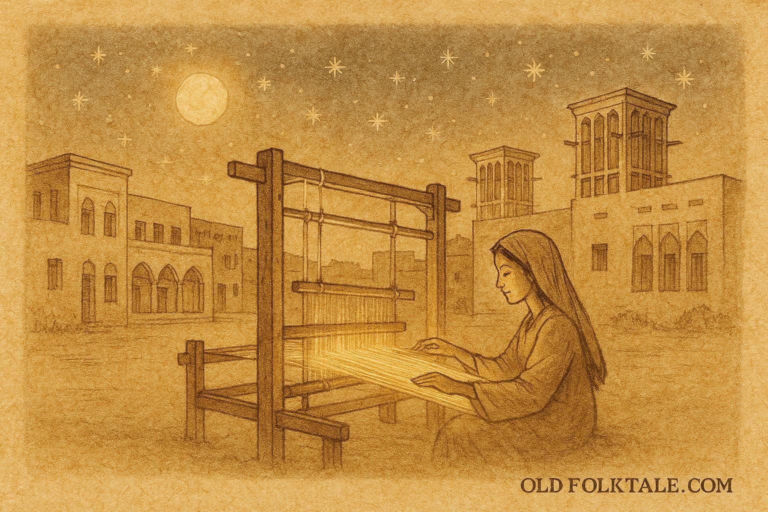 Parchment-style artwork of Fatima weaving moonlit threads, Bahraini folktale scene.