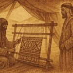 Parchment-style illustration of a woman weaving Sadu patterns in a Qassim tent, Arabian Peninsula scene
