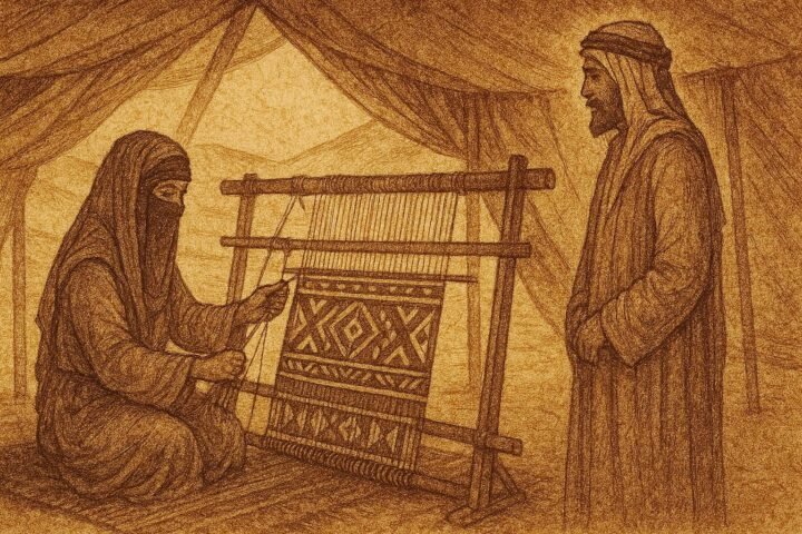 Parchment-style illustration of a woman weaving Sadu patterns in a Qassim tent, Arabian Peninsula scene