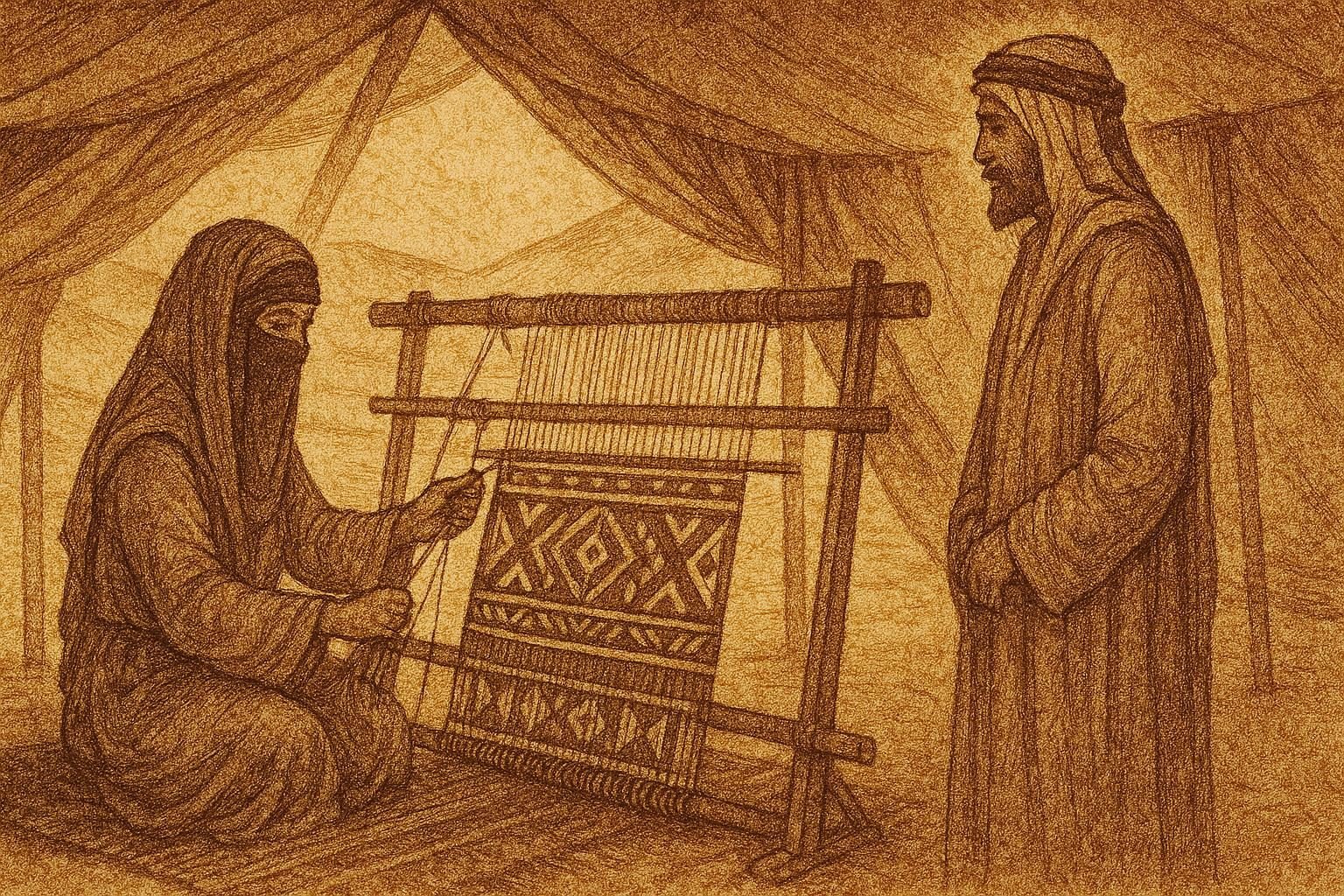 Parchment-style illustration of a woman weaving Sadu patterns in a Qassim tent, Arabian Peninsula scene