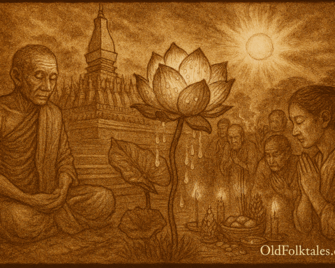 Sepia-toned illustration on aged rice parchment depicting a sacred scene at Pha That Luang in Vientiane, Laos. An elderly monk sits in meditation at the base of the golden stupa, his tears falling onto the earth. From that spot, a miraculous white lotus blooms, its petals glistening with tear-like droplets. Devotees gather reverently around the flower, offering incense, candles, fruits, and prayers. The stupa rises in the background, bathed in the warm light of the rising sun. “OldFolktales.com” is inscribed at the bottom right corner.