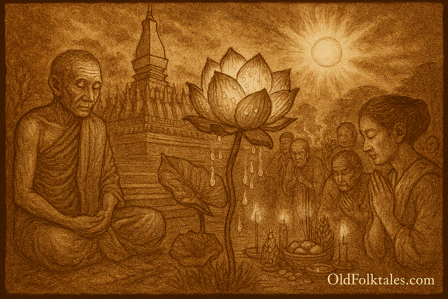 Sepia-toned illustration on aged rice parchment depicting a sacred scene at Pha That Luang in Vientiane, Laos. An elderly monk sits in meditation at the base of the golden stupa, his tears falling onto the earth. From that spot, a miraculous white lotus blooms, its petals glistening with tear-like droplets. Devotees gather reverently around the flower, offering incense, candles, fruits, and prayers. The stupa rises in the background, bathed in the warm light of the rising sun. “OldFolktales.com” is inscribed at the bottom right corner.