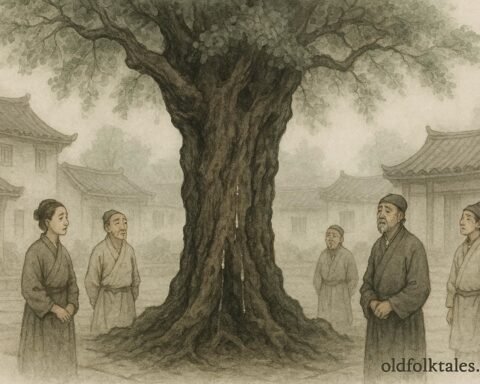 An ancient mulberry tree shedding sap like tears as villagers observe, symbolizing justice and moral witness in a traditional Chinese village.