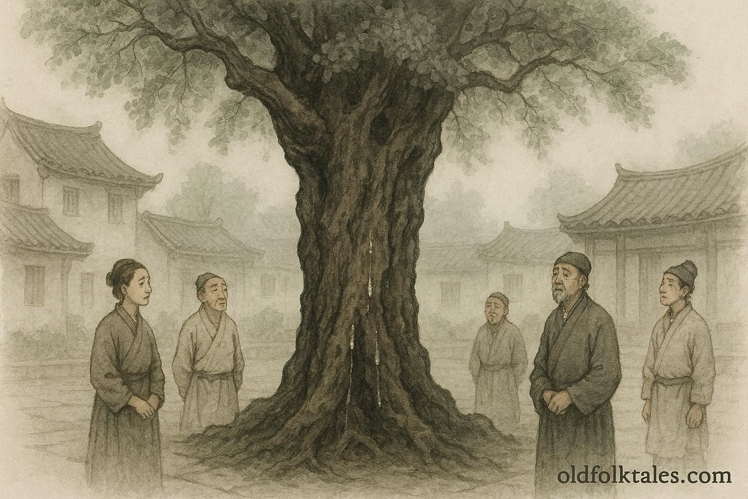 An ancient mulberry tree shedding sap like tears as villagers observe, symbolizing justice and moral witness in a traditional Chinese village.