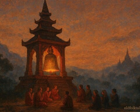 A sacred pagoda bell ringing at dusk as villagers gather below in a Burmese Buddhist folktale.