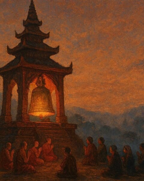 A sacred pagoda bell ringing at dusk as villagers gather below in a Burmese Buddhist folktale.