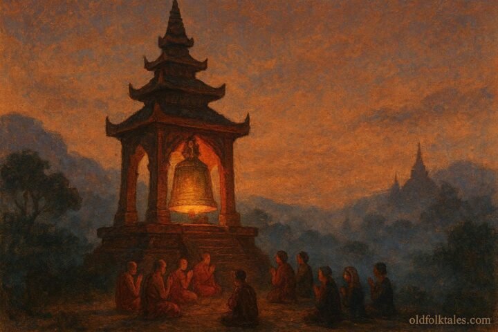 A sacred pagoda bell ringing at dusk as villagers gather below in a Burmese Buddhist folktale.