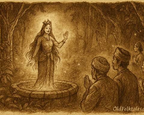 Sepia-toned parchment-style illustration showing the mystical Puteri emerging gracefully from the Silent Well deep in the jungle. Her flowing hair and traditional attire shimmer faintly as moonlight filters through towering trees. Villagers stand at a respectful distance, bowing in awe, while fireflies glow softly around the ancient stone well. The atmosphere is reverent and otherworldly, with vines and mist framing the sacred scene. 'OldFolktales.com' is inscribed elegantly at the bottom right corner.