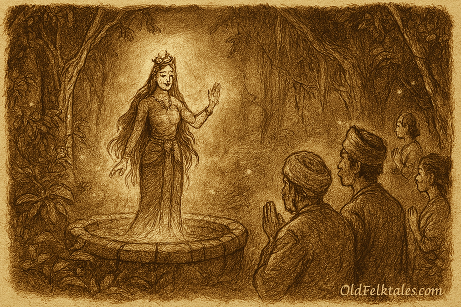 Sepia-toned parchment-style illustration showing the mystical Puteri emerging gracefully from the Silent Well deep in the jungle. Her flowing hair and traditional attire shimmer faintly as moonlight filters through towering trees. Villagers stand at a respectful distance, bowing in awe, while fireflies glow softly around the ancient stone well. The atmosphere is reverent and otherworldly, with vines and mist framing the sacred scene. 'OldFolktales.com' is inscribed elegantly at the bottom right corner.