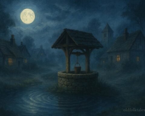 A mystical village well reflects the moonlight and seems to echo the voices of those who speak to it