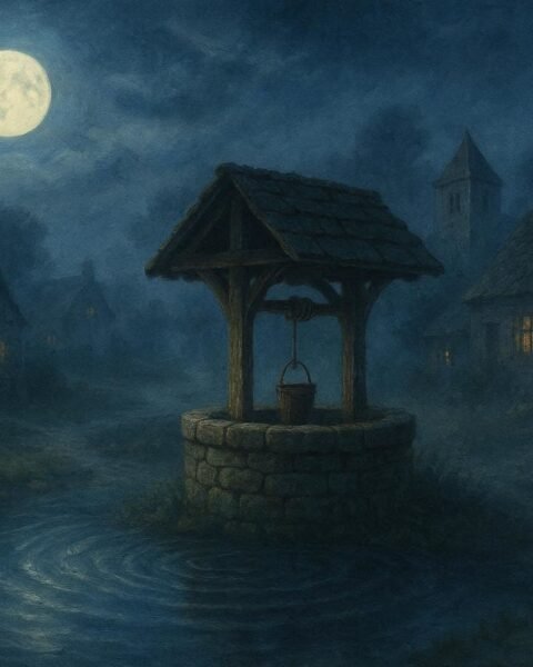 A mystical village well reflects the moonlight and seems to echo the voices of those who speak to it