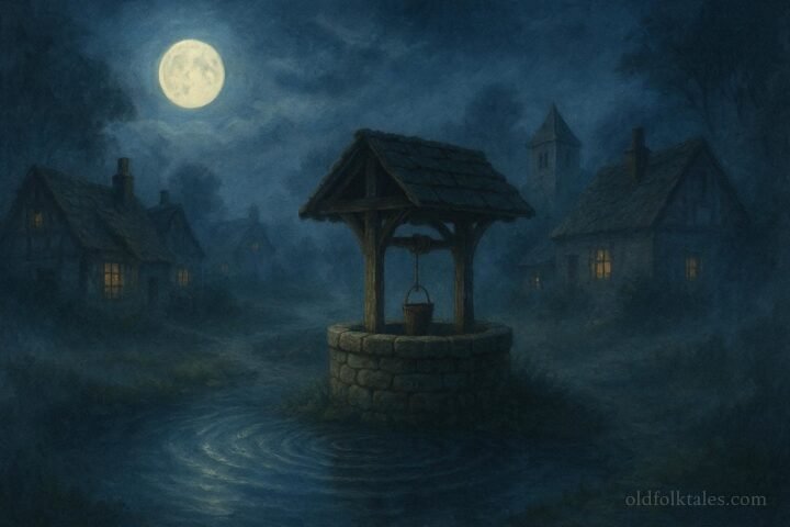 A mystical village well reflects the moonlight and seems to echo the voices of those who speak to it