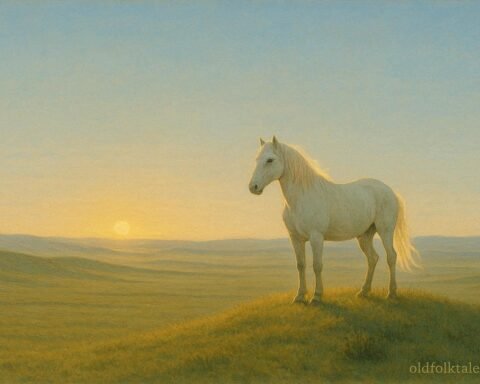 A sacred white horse standing on a glowing Mongolian steppe at sunrise, symbolizing heavenly guidance.